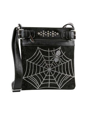 Black Rhinestone Spider Web Faux Leather Crossbody Bag